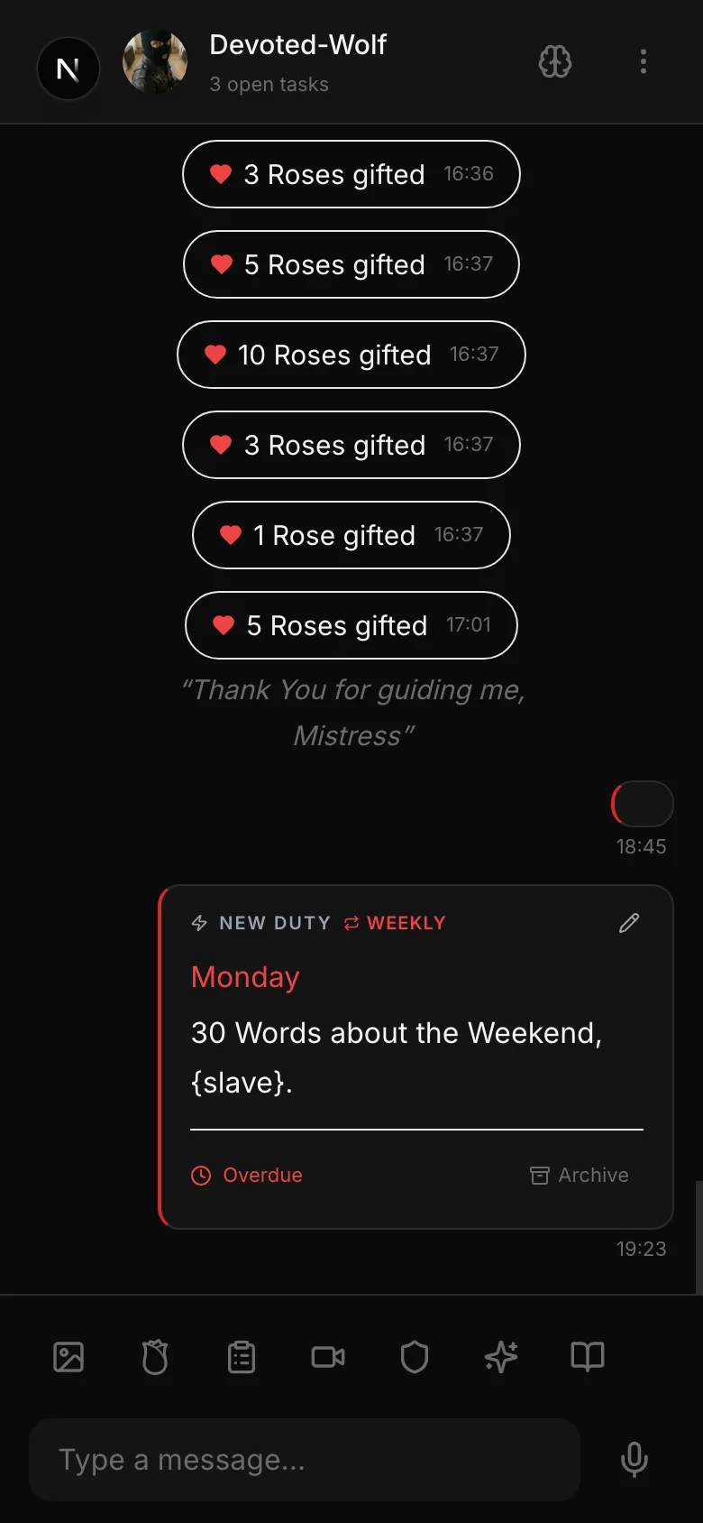 screenshot: Chat conversation showing a mix of text messages, voice message waveforms, task cards, and a tribute request card