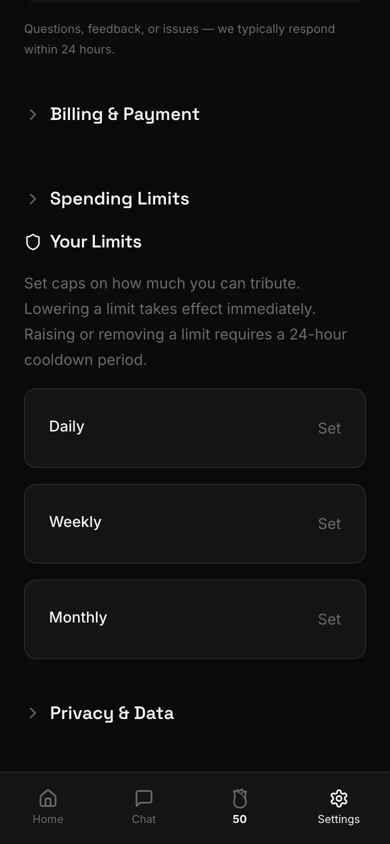 screenshot: Spending limit settings — daily, weekly, and monthly cap input fields with remaining budget indicators